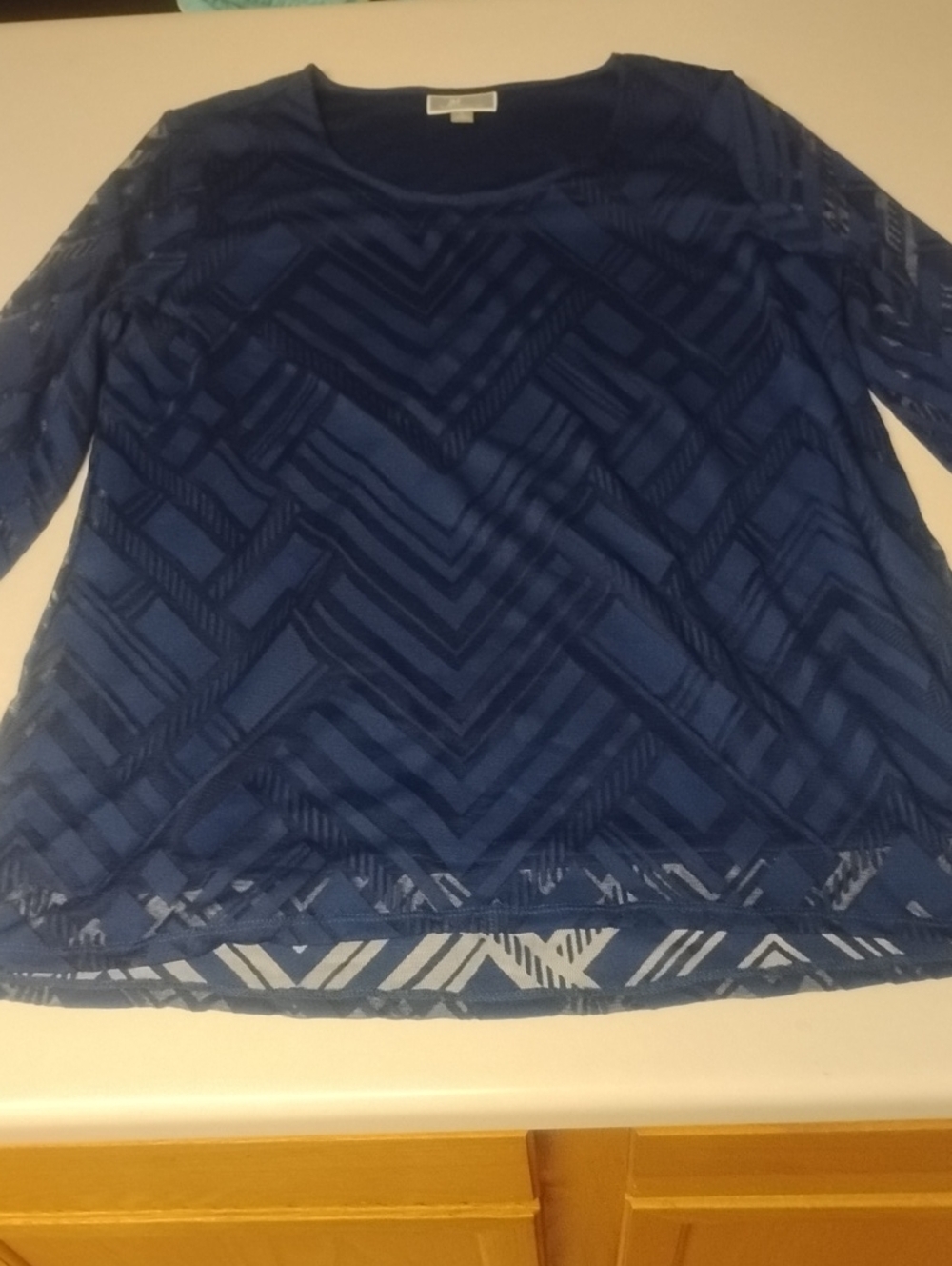 JM Collection Navy Geometric Mesh Long Sleeve Top